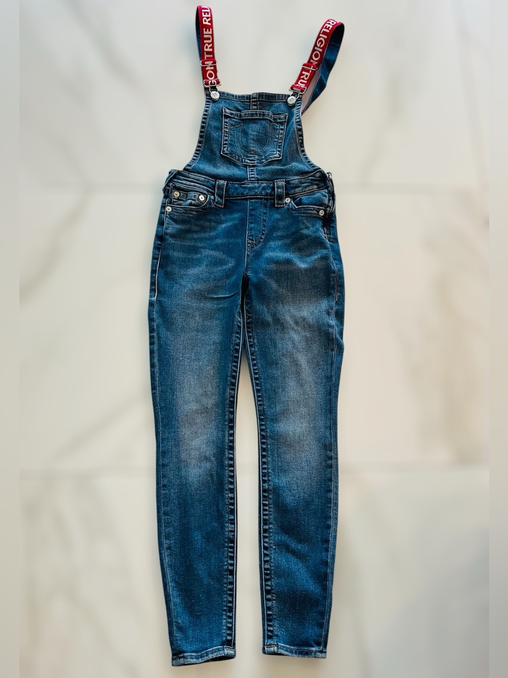 True Religion Denim Skinny Overalls S/P Red Logo Suspenders Y2K